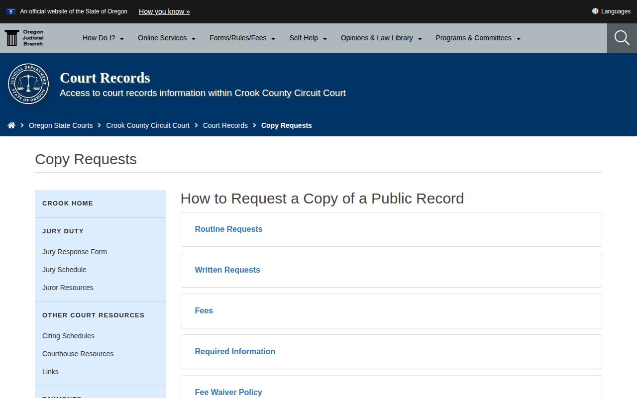 Crook County court release record copy request route